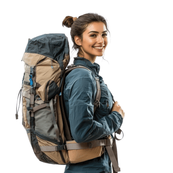 Smiling hiker woman carrying backpack side view isolate on transparency background png