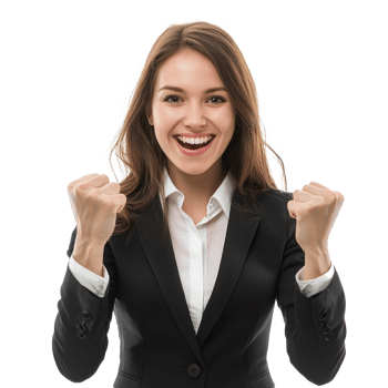 Young business woman with clenching fists gesture and celebrating success isolate on transparency background png