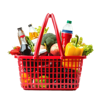Red plastic Shopping basket with variety of grocery products side view isolate on transparency background png