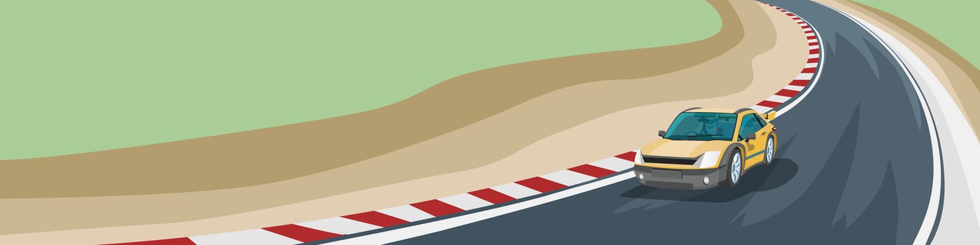 Car races along a winding asphalt road. surrounded by lush greenery. yellow sports car navigates a sharp turn on a racetrack. Feeling the thrill of the open road. vector