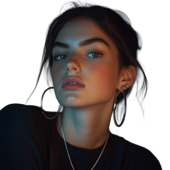 Portrait of a young woman with light makeup and long brown hair, against a transparent backdrop png