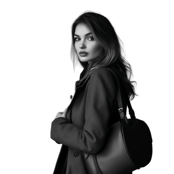 Young woman turning her head back, wearing a stylish jacket, with an expression of curiosity png