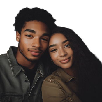 Smiling interracial couple with their heads close together, expressing love and happiness png