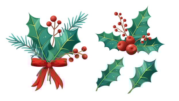 Christmas holly set. Winter bouquet with pine branches and red berries. elements on white background vector