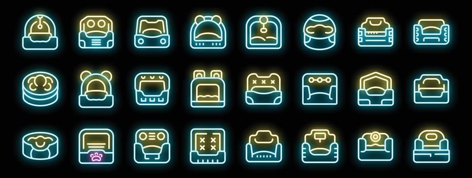 Pet carrying neon icons showing cat carrier bag and kennel for travel trip vector