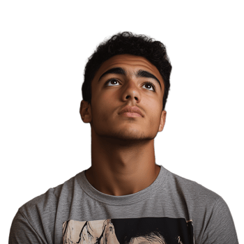 Young man gazing upward with a thoughtful expression, wearing a graphic tee png