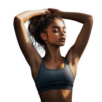 Athletic young woman stretching and extending her arms behind her head with confidence png