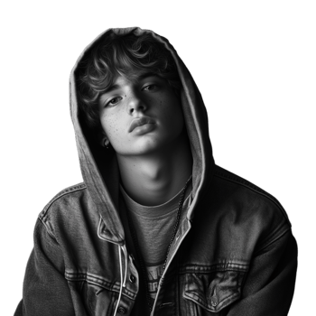 Black and white portrait of a young man in a hoodie, looking contemplatively downwards png