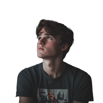 Young man looking thoughtfully upwards, with an expression of contemplation and curiosity png