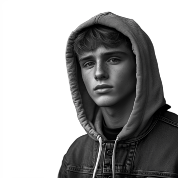 Black and white portrait of a young man in a hoodie looking thoughtfully to the side png