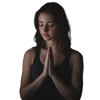 Young woman with hands in a prayer position, meditating with eyes closed png
