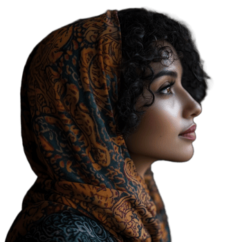 Profile portrait of a young woman with curly hair in a patterned scarf, looking thoughtfully ahead png