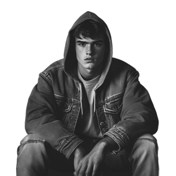 Black and white portrait of a young man in a hoodie, sitting with a reflective expression png