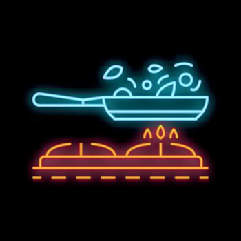 Neon food cooking on stove top with steam in kitchen icon vector