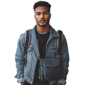 Young man in a denim jacket with a crossbody bag, looking directly at the camera png