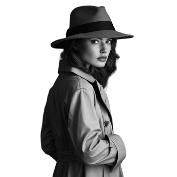 Black and white portrait of a young woman in a fedora hat, looking pensively to the side png
