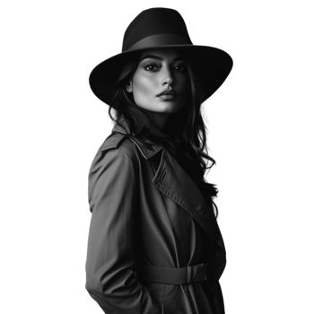 Black and white portrait of a young woman in a wide-brimmed hat, gazing thoughtfully to the side png