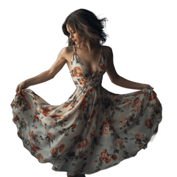 Young woman twirling in a floral dress, creating movement and flow png