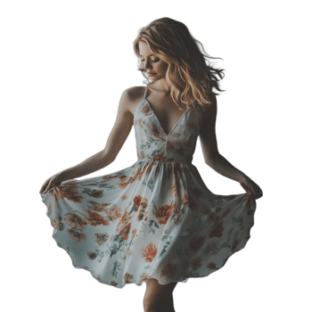 Young woman sitting with her floral dress spread out around her, looking serenely at the camera png