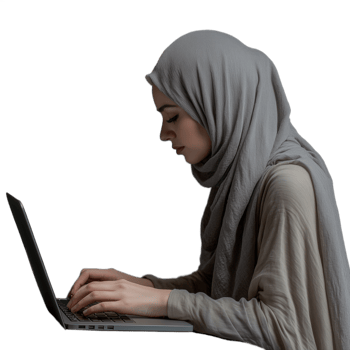 Young woman in a hijab typing on a laptop, focused and engaged png