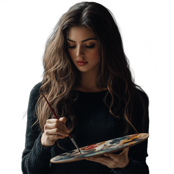 Young female painter holding a brush, focused on her artwork png