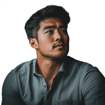 Young man with a beard in a casual shirt, looking upwards with a curious expression png