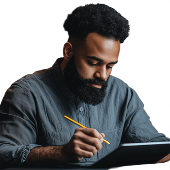 Young man with a beard writing on a digital tablet, with a focused and creative expression png