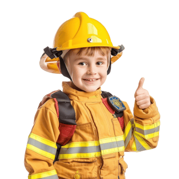Smiling little boy wearing firefighter uniform standing with hand gesture giving thumb up side view isolate on transparency background png