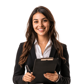 An attractive young businesswoman auditor writing on clipboard smiling and confident front view isolate on transparency background png
