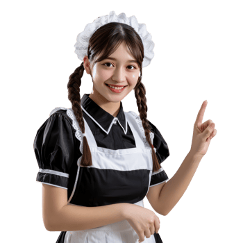 Smiling young attractive female in maid custome with hand gesture pointing something front view isolate on transparency background png