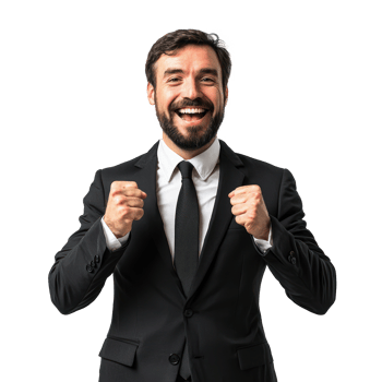 Businessman with clenching fists gesture and celebrating success front view isolate on transparency background png