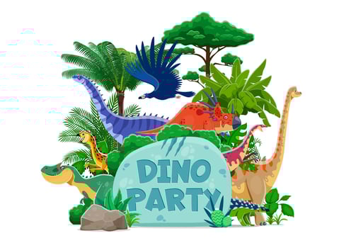 Dino party cover, cartoon prehistoric dinosaurs vector