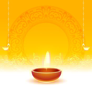 realistic glowing diwali diya yellow background with text space vector