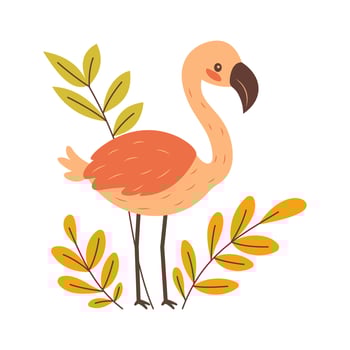 Cute Flamingo Bird Animal Character with Leaves Botany Plants in the Park vector