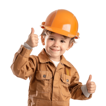 Smiling little boy wearing hard hat construction worker uniform standing with hand gesture giving thumb up isolate on transparency background png