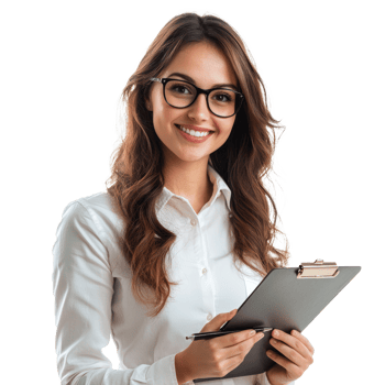 An attractive young businesswoman auditor writing on clipboard smiling and confident isolate on transparency background png