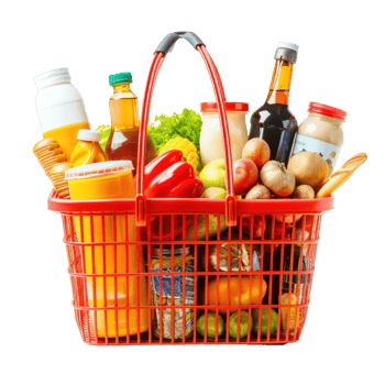 Shopping basket with variety of grocery products side view isolate on transparency background png