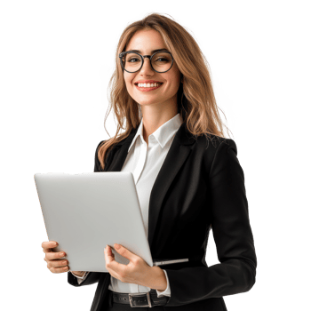Happy businesswoman holding laptop looking away with smiling and confident isolate on transparency background png