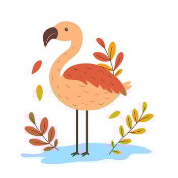 Cute Flamingo Bird Nature Animal Character with Leaves Plants in the Park vector