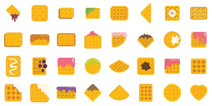 Set of delicious belgian waffles with various toppings showing different shapes and flavours vector