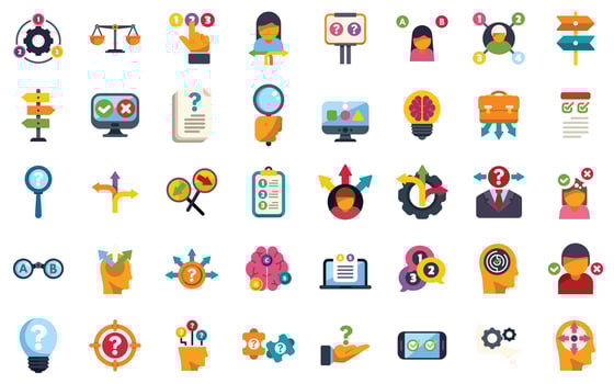 Decision making process, solving problems, generating ideas and finding solutions icon set vector