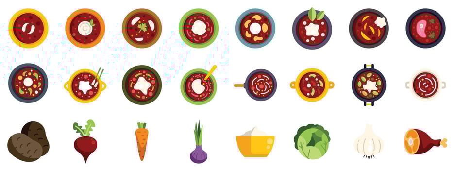 Large set of borscht icons showing different variations and ingredients vector