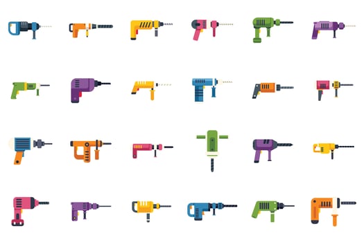 Big set of rotary hammer icons showing different styles and colors vector
