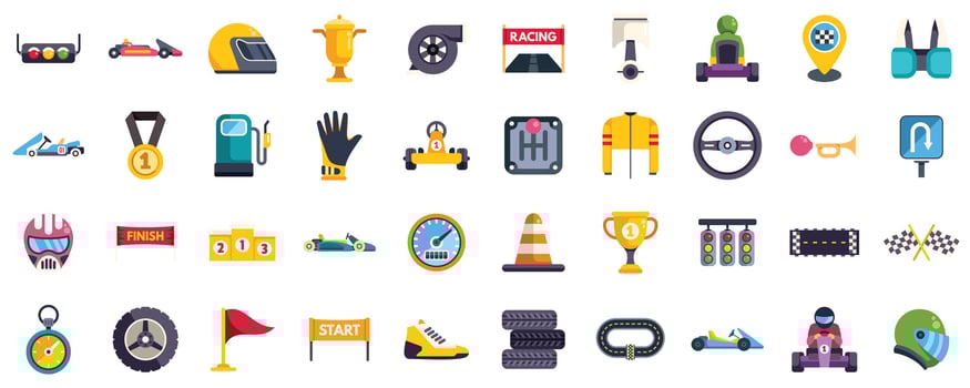 Karting race competition elements icons set showing go kart equipment and prizes vector