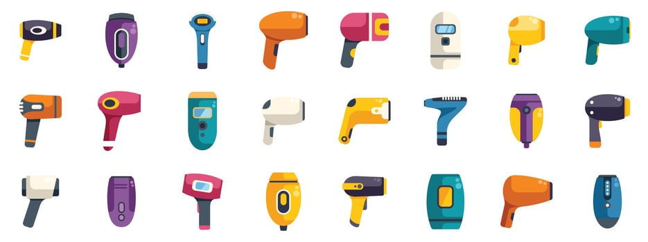 Collection of hairdryers and epilators showing variety of personal care appliances vector