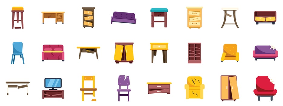 Collection of broken furniture icons depicting damage and disrepair vector
