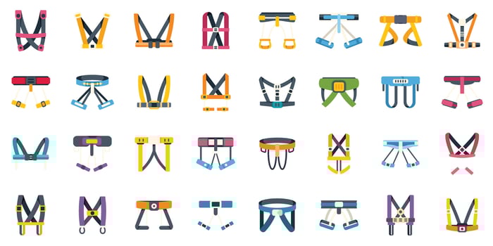 Set of safety harnesses for working at height or climbing vector