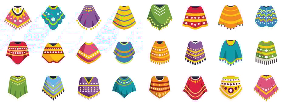 Large set of colorful ponchos with different ornaments showing national patterns vector