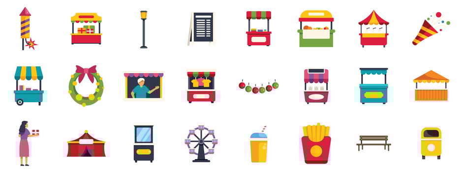 Street food festival icons showing booths, ferris wheel, and people celebrating vector