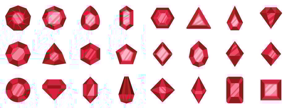 Set of red gems in different geometric shapes presenting facets vector